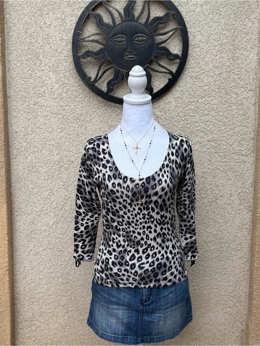 Silx By August Silk Black Grey Cheetah Print Quarter Sleeve Silk Top Grunge Y2K